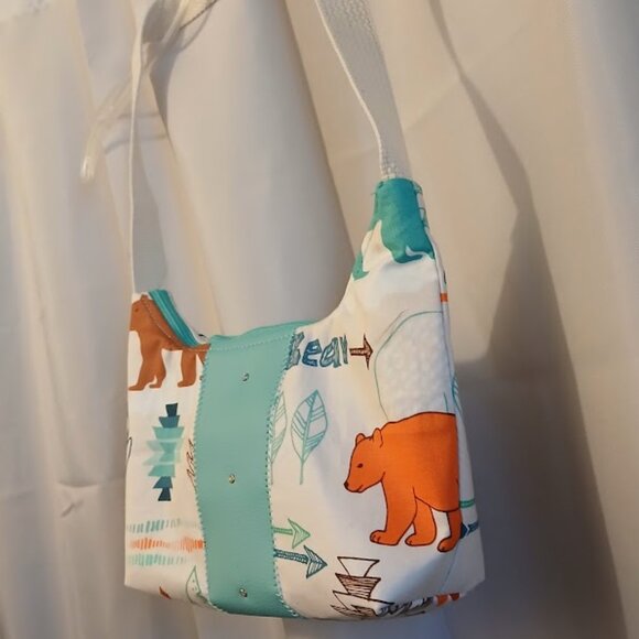 New Western Vinyl Top handle Shoulder Bag Purse Camping Bears Crescent Baguette - Picture 5 of 8